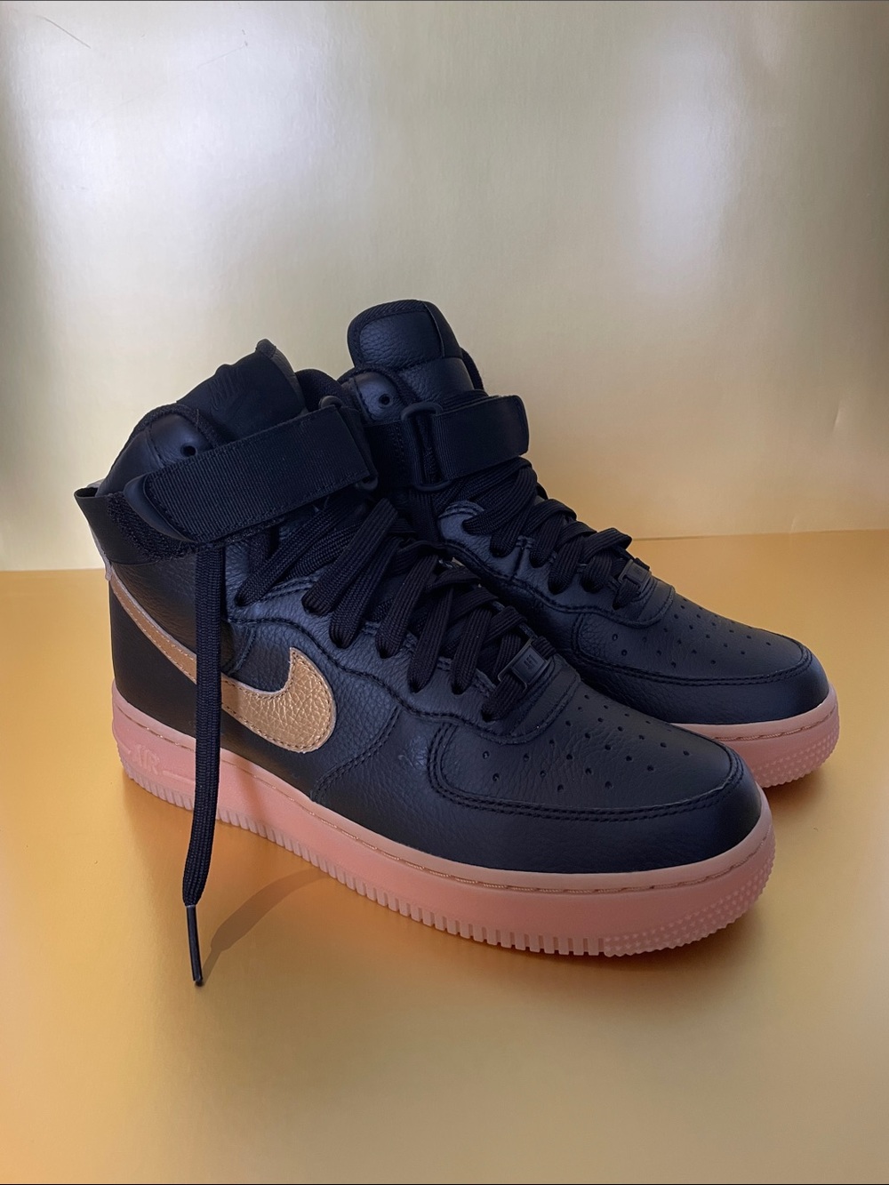 Nike Air Force One High Top Sneakers - Black with Gold Swoosh